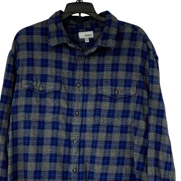 Mens Sonoma Plaid Flannel Shirt XL Cotton 2941 Blue Gray Button Up - Picture 2 of 5
